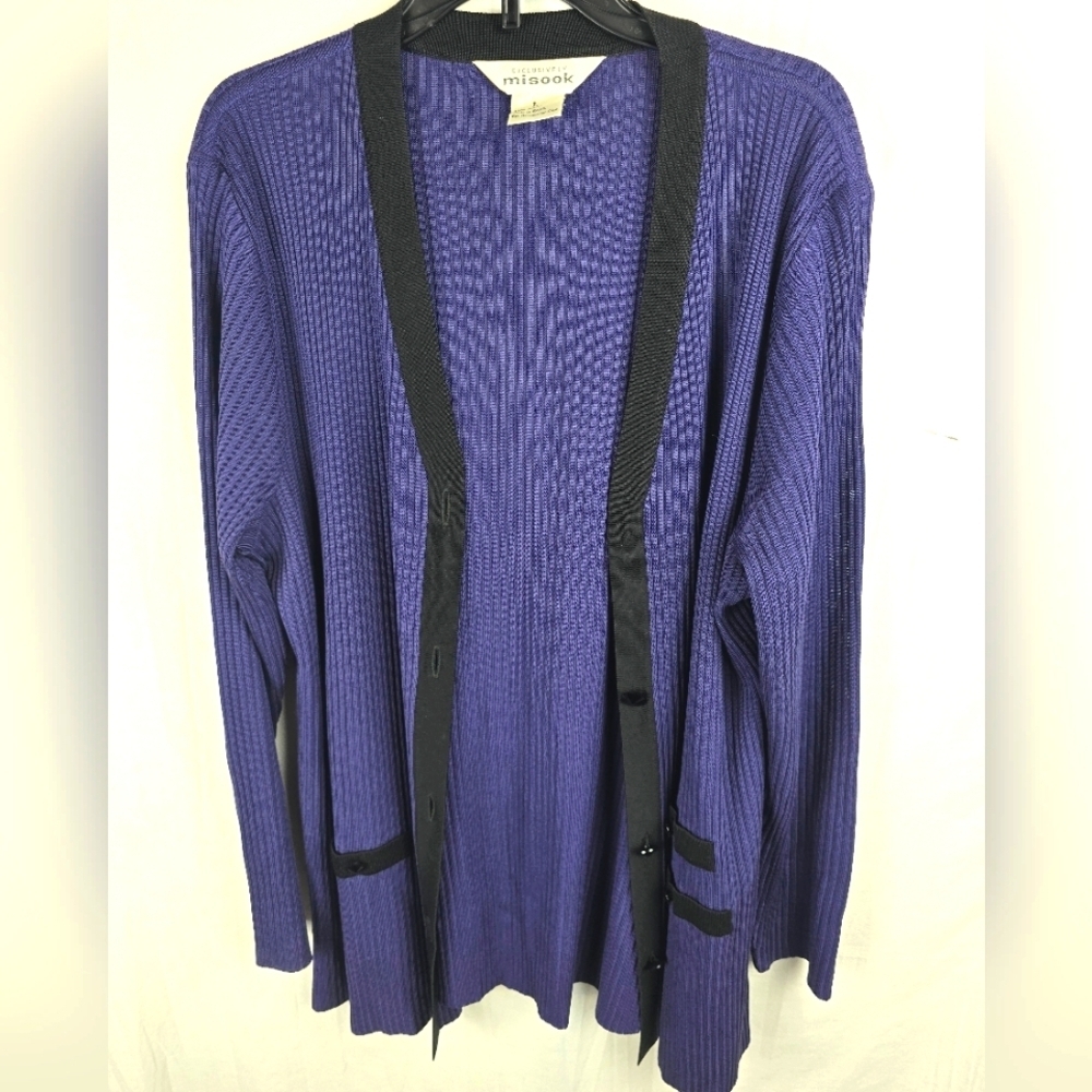Exclusively Misook Women's Ribbed Purple And Black Cardigan Sz L